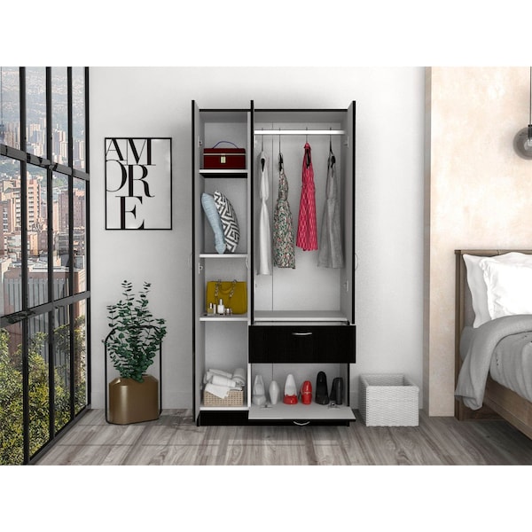 Tuhome Primavera Armoire, Double Door Cabinets, One Drawer, Metal Rod, Five Shelves, Black/White CLW5952 - main